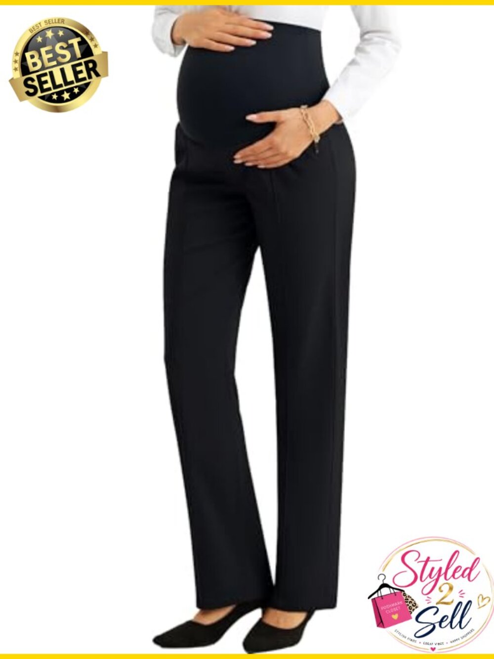 Maternity Work Pants Over-Bump Stretchy Straight Leg with Pockets